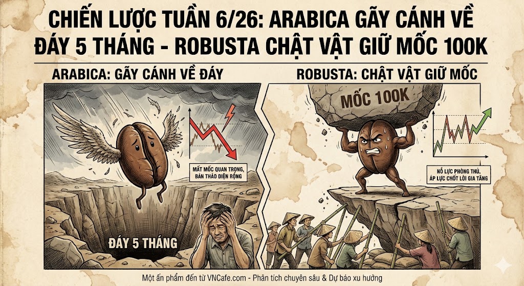 CHIẾN LƯỢC TUẦN 6/26: ARABICA GÃY CÁNH VỀ ĐÁY 5 THÁNG - ROBUSTA CHẬT VẬT GIỮ MỐC 100K